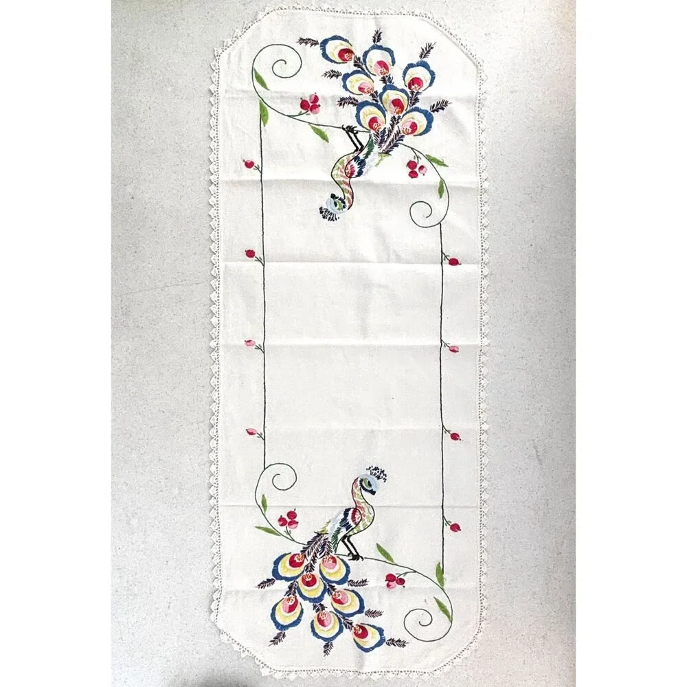 Cottagecore Embroidered Peacock Dresser Scarf Table Runner Vintage 50s Heirloom